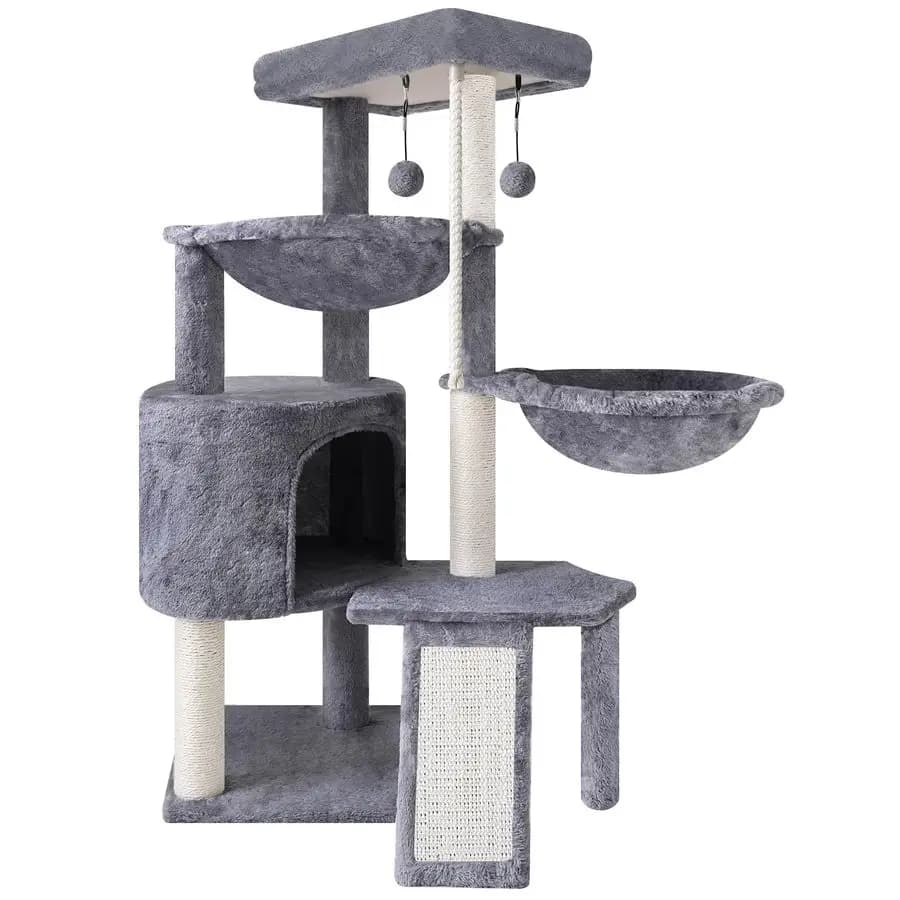 Albero per Gatti a Tre Livelli con Cuccia e Due Amache, Grigio