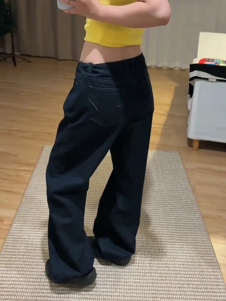 Retro American Washed Jeans Women's Loose Slimming Low Waist Straight Leg Long Pants High Waist Neutral Style Denim Zipper Cl...