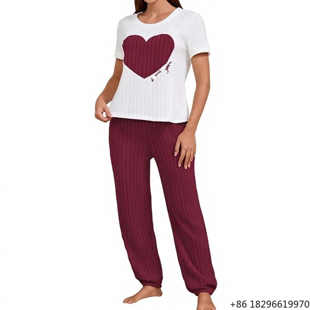 Sweet Heart Pajama Set Womens Autumn Fleece Breathable Stretchy Pit Strip Ribbed Neck Short-Sleeve Pants wear