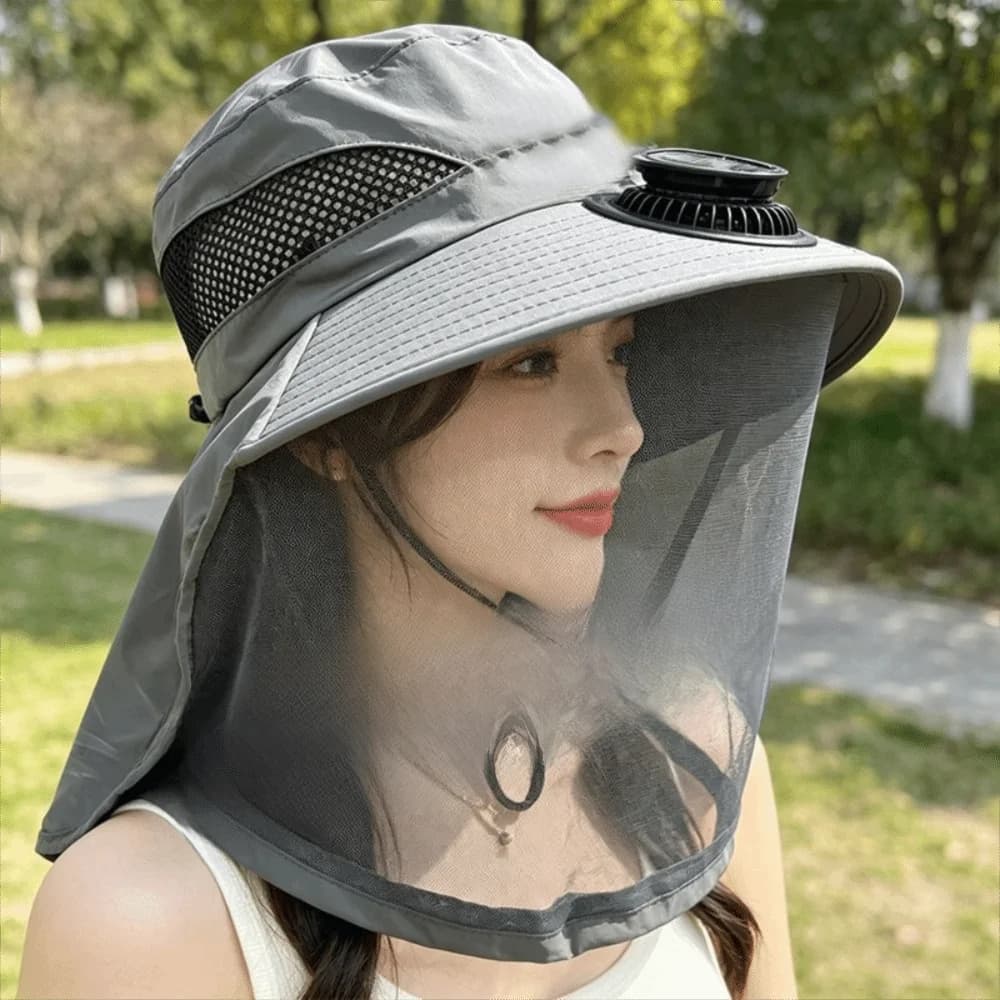 With Net Mesh Mosquito Head Net Hat UV Protection Foldable Solar Fan Hat Breathable Cooling Fishing Bucket Hat Outdoor Sport