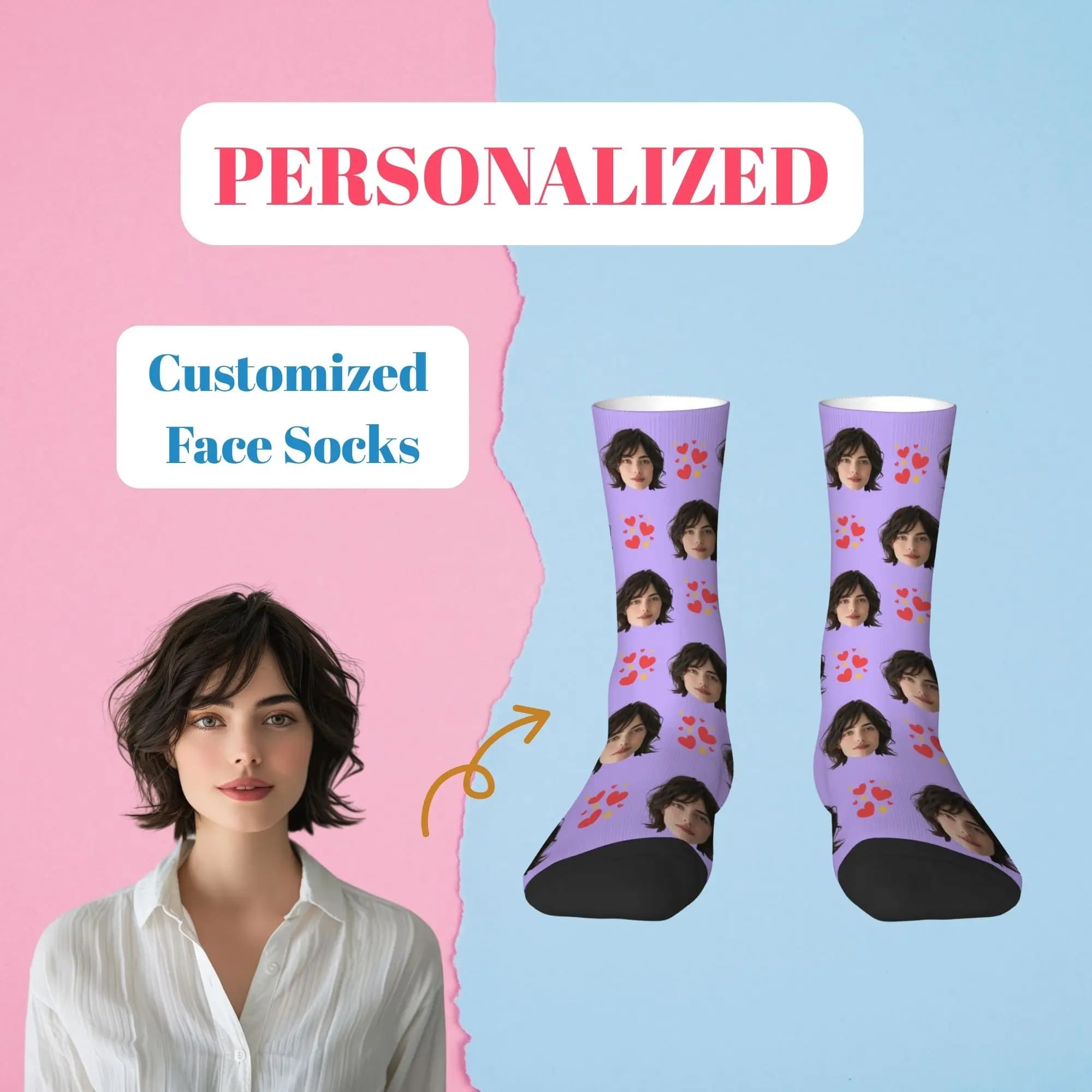 Romantic Customized Mid-calf Socks Personalized Red Hearts Stars Face Photo Print Crew Socks Breathable Comfotable Gifts for Her