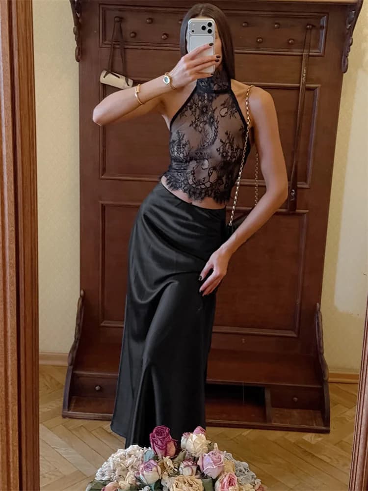 Tossy Sexy set di 2 pezzi in pizzo con gonna lunga per donna, top corto trasparente senza schienale e gonna lunga in raso, abiti femminili