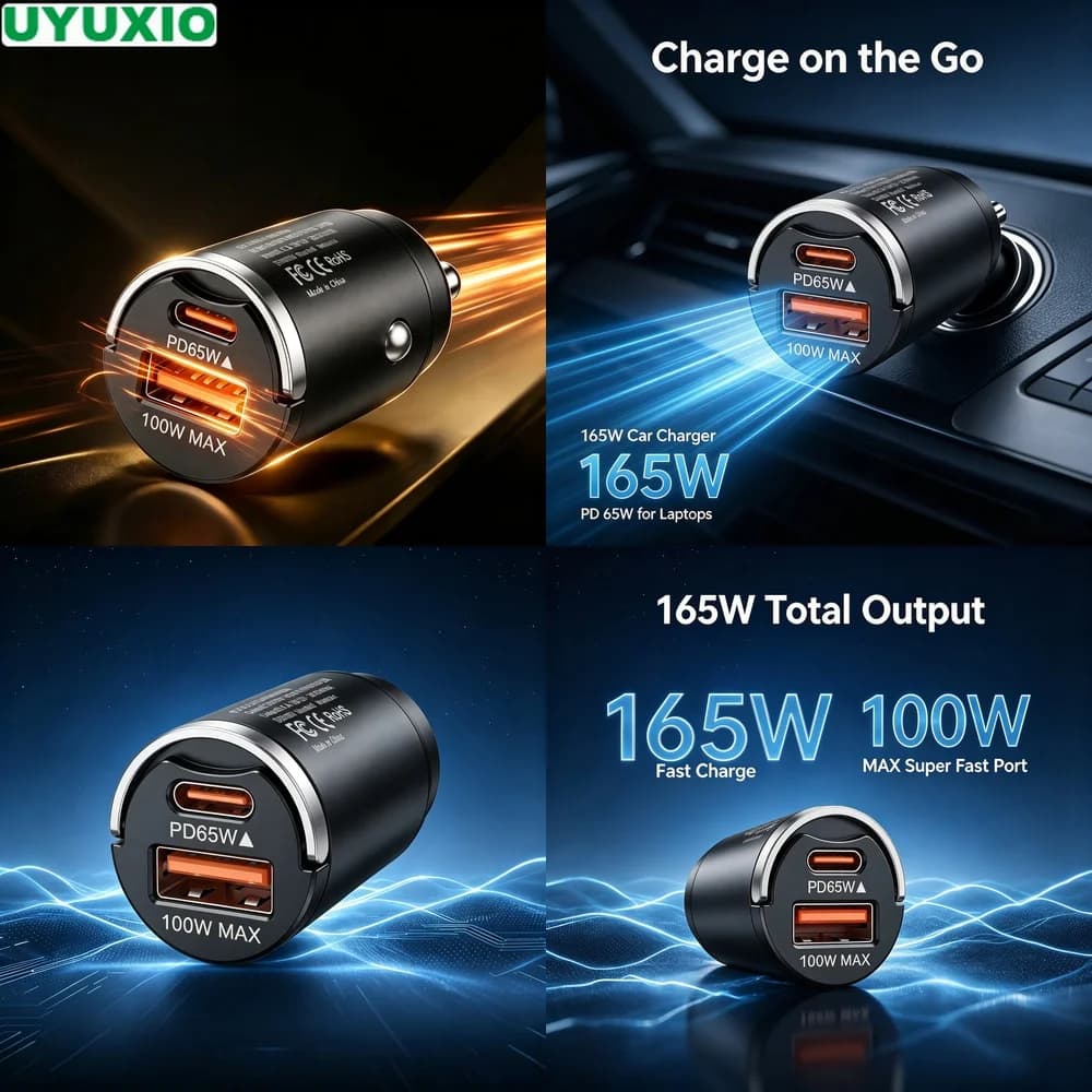 165W Dual Output Car Charger PD 65W Type C and 100W USB A Power Zinc Alloy Body with Safe Charging for Cars Trucks SUVs and Vans