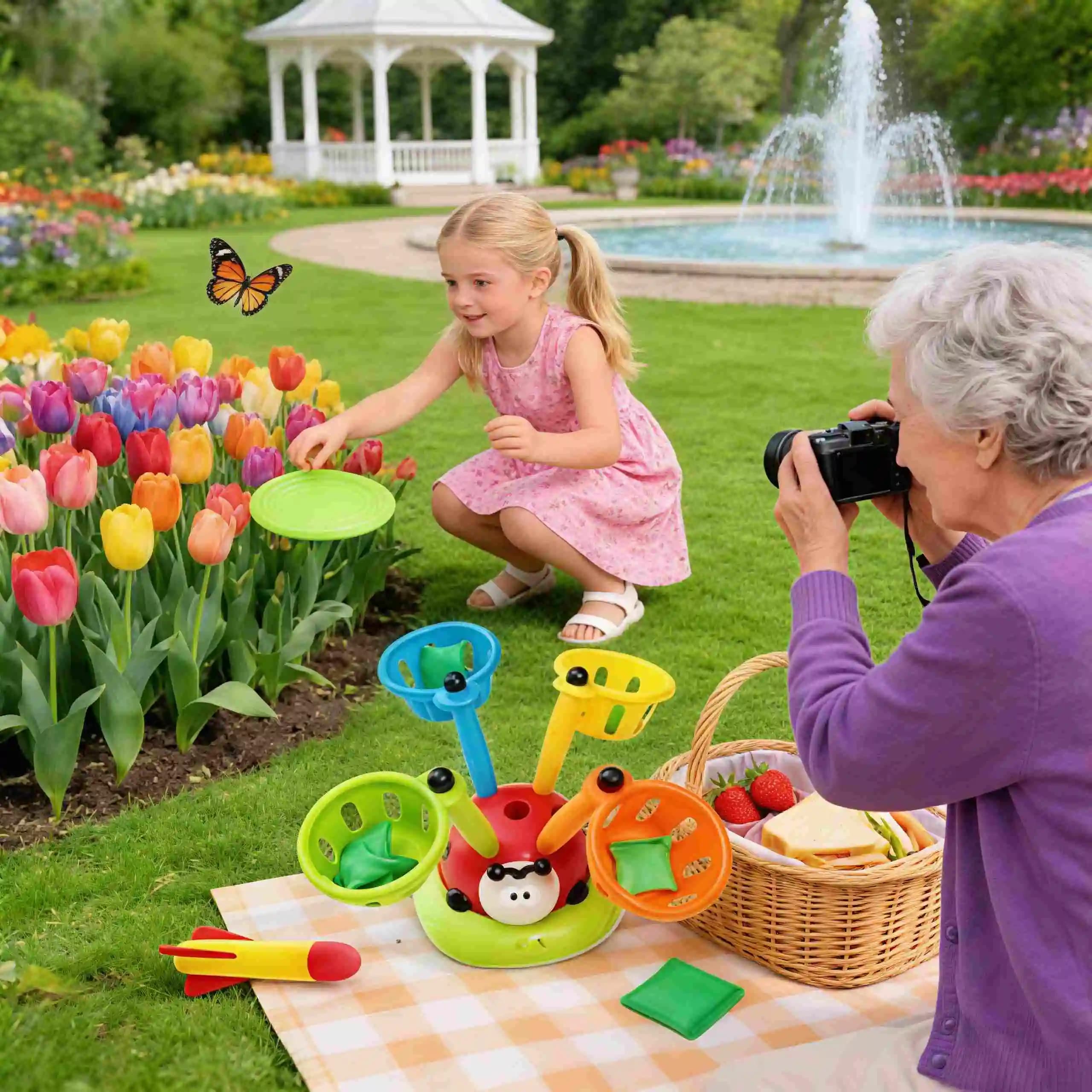 Multifunctional Educational Toy Ladybug 4-in-1: Jumping Machine in Corda, Ring Launch, Jumping, Sand Bags Launch or Baseball Balls, Razzi Throwing Game. Gift for indoor and outdoor children's play. Loved by Boys and Girls