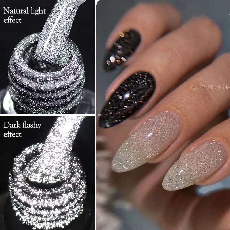 Smalto per unghie gel con rivestimento superiore glitterato riflettente Vernici semipermanenti laser scintillanti colorati argento Soak Off Gel UV per nail art