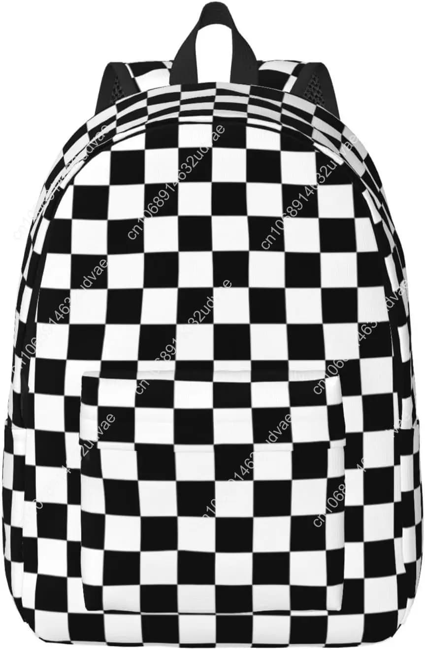 Zaino scolastico semplice a quadretti in bianco e nero per ragazze, ragazzi, donne, leggero, in tela, zaino casual per laptop