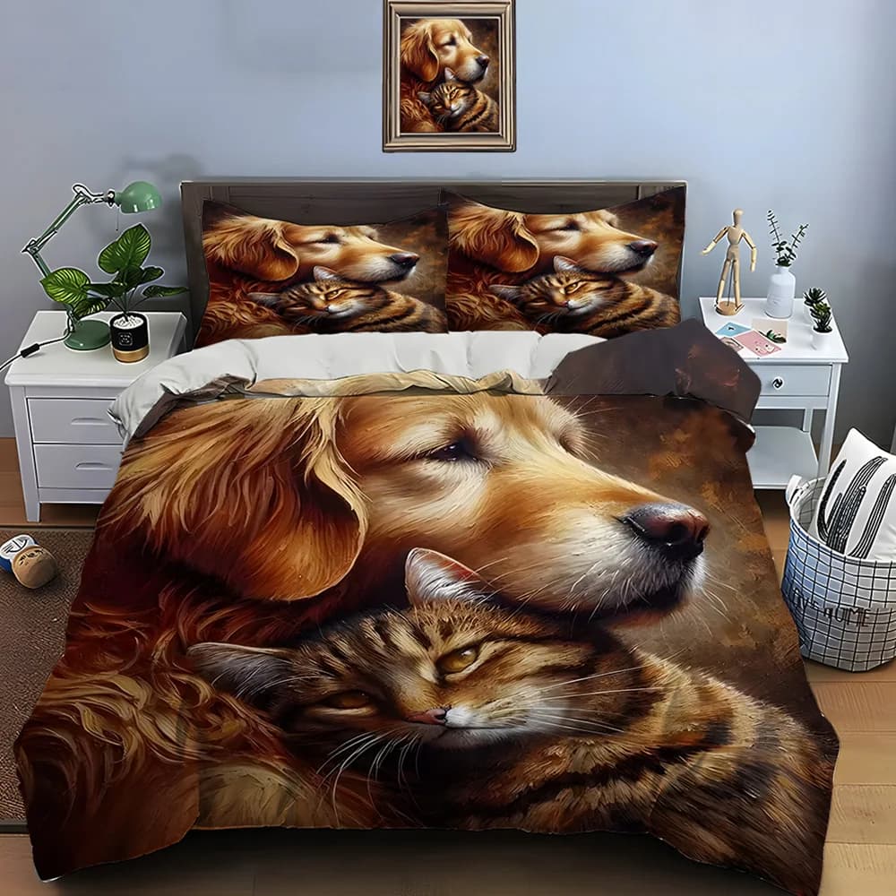 Set di biancheria da letto con stampa di cani e gatti che si abbracciano, morbido e confortevole, include 1 copripiumino e 2 federe.