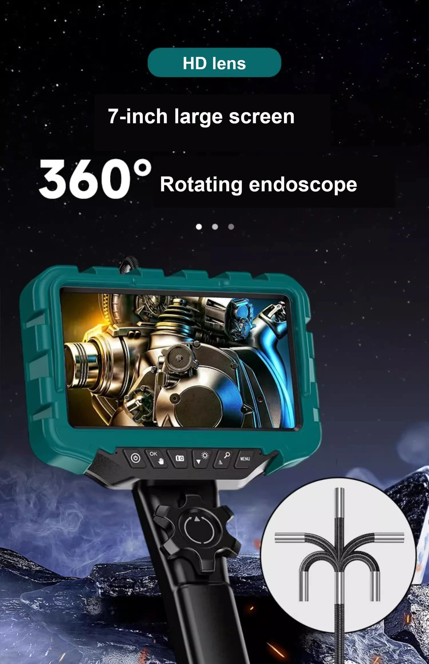 7 pollici IPS Screen2MP 1080P 3.9mm 360 gradi rotazione articolata sterzo endoscopio industriale ispezione microscopio fotocamera 1.1M