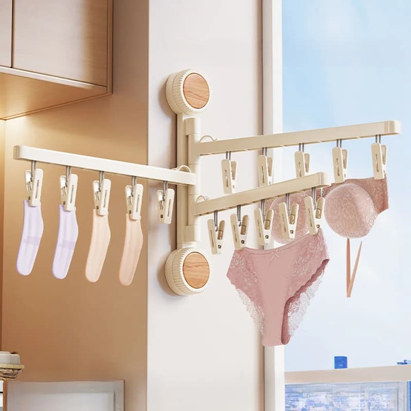 Wall Mounted Clothes Drying Rack with Clips Suction Cup Laundry Hanger for Underwear Socks Towels Balcony Bathroom