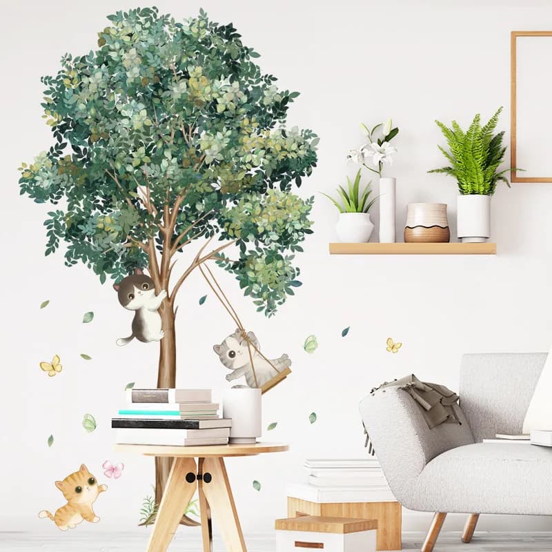 Adesivi murali in vinile per bambini con albero e gatto per la decorazione della stanza dei bambini, decorazione murale, carta da parati adesiva, accessori per la camera da letto, decorazione del soggiorno
