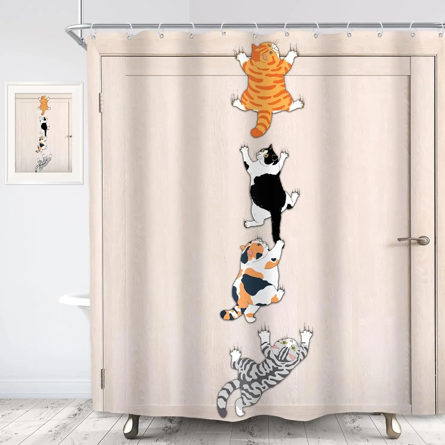 Cat Shower Curtain Kids Funny Cute Lovely Cartoon Kitten Pet Animal Climbing Door Hilarious Modern Hooks Polyester
