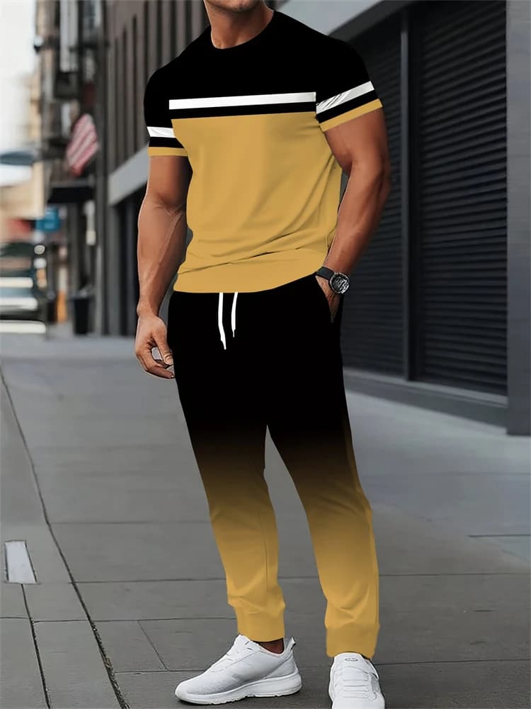 Fashion Spring Set with Patchwork Print, Men's Casual Dress with Sleeves Court and Sports Pants, Comfortable Set in Two Pieces
