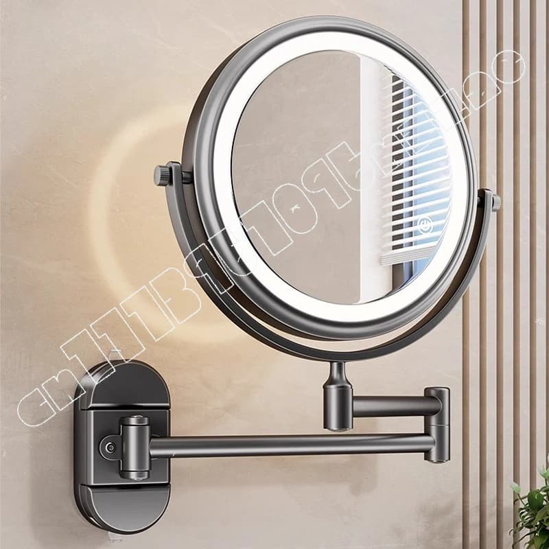 Specchio da Bagno con Ventosa e Lampada, Specchio Cosmetico da Parete, Specchio Telescopico Pieghevole per Toilette, Senza Foratura, Rotante e Ingrandente