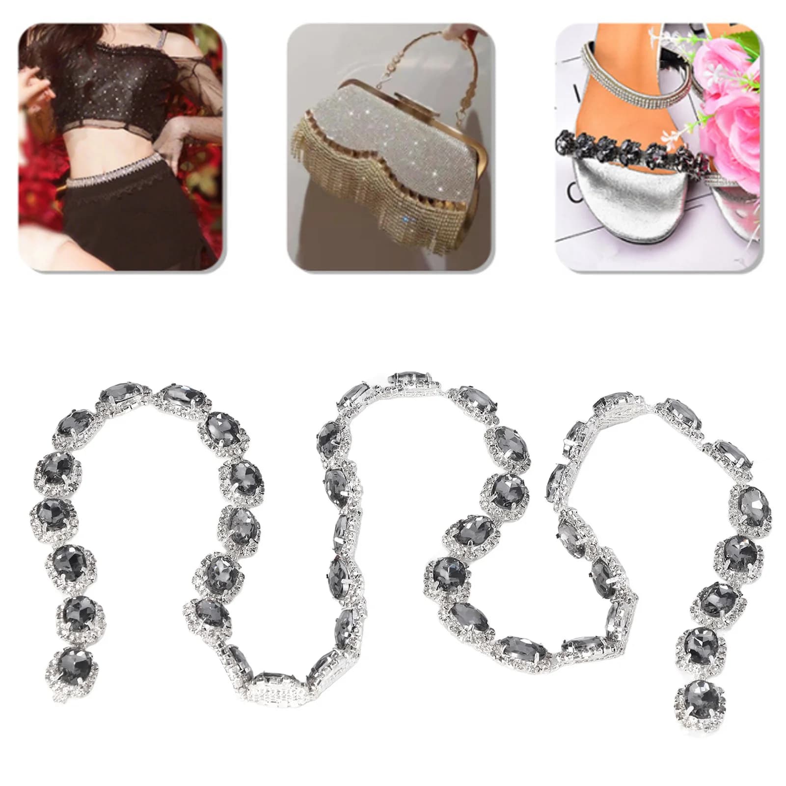 Catena di strass di cristallo 1 metro 1,5 cm di larghezza trasparente grigio lucido moda catena di strass di cristallo decorazione artigianale fai da te