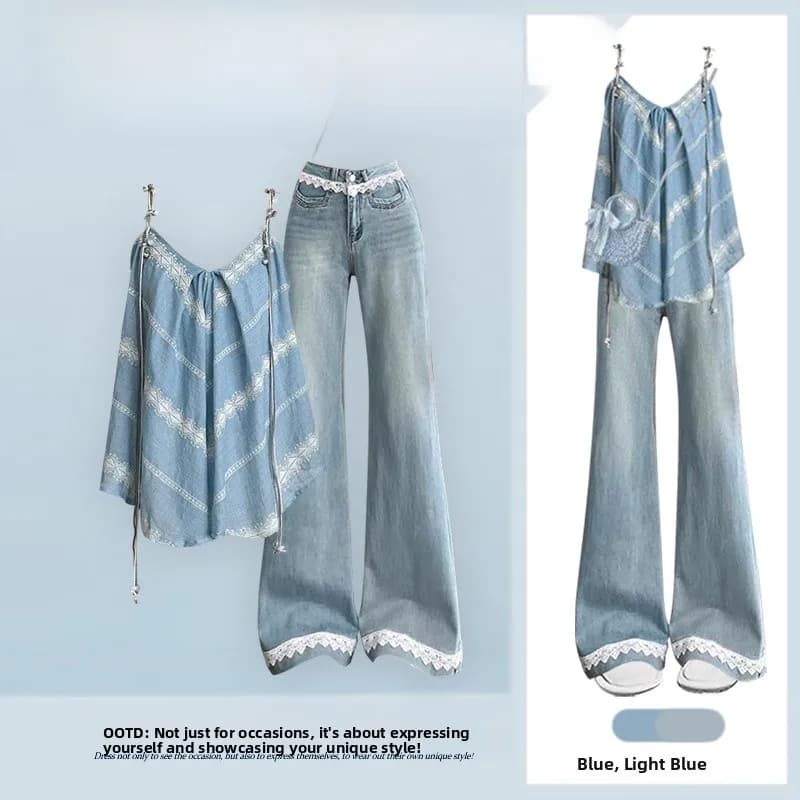 Summer Design Sexy Blue Ethnic Style Lace Trim Denim Set with Strap Vest Fashionable Three-Piece Suit Long Sleeve V-Neck Top