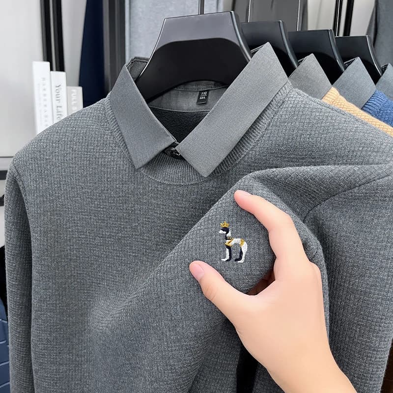 Marchio di fascia alta da uomo risvolto falso pullover in due pezzi maglione inverno nuovo cane ricamato ispessimento calore maglieria abbigliamento da uomo d'affari