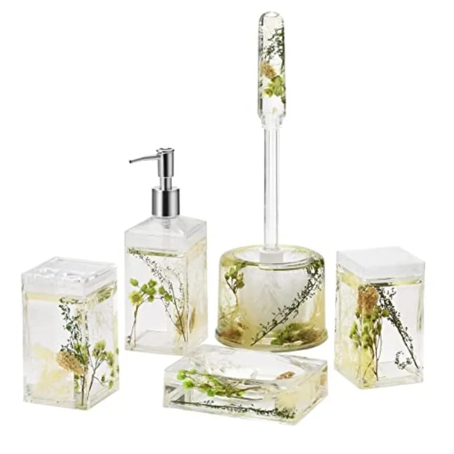 Set di 5 Accessori da Bagno in Acrilico con Liquido 4D a Movimento Fluttuante, Portaspazzolino, Bicchiere, Dispenser Sapone, Design Botanico da Giardino