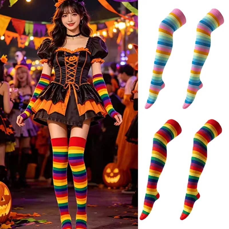 Fashion Rainbow Striped Thigh High Socks, Soft Stretchy Over Knee Stockings for Daily Wear Party Performance Halloween Cosplay