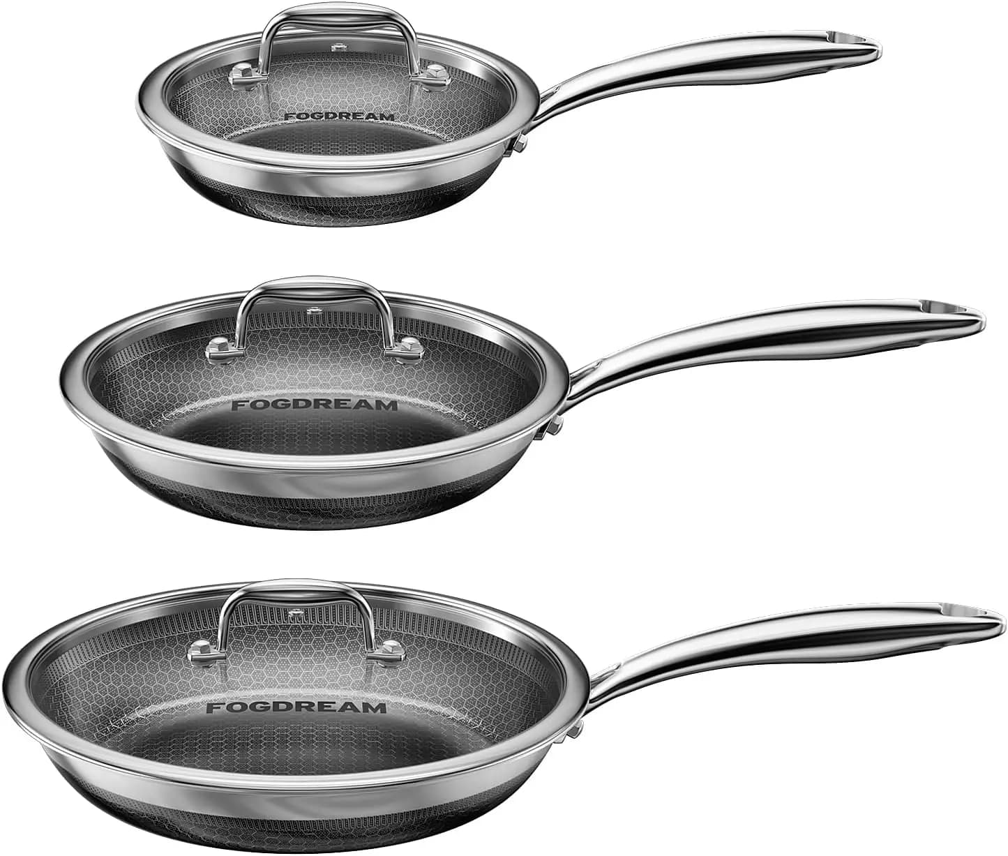 Set di Padelle Antiaderenti, 8, 10 e 12 Pollici, Padelle in Acciaio Inox con Coperchi, Pentole Tri-Ply per Tutti i Piani Cottura