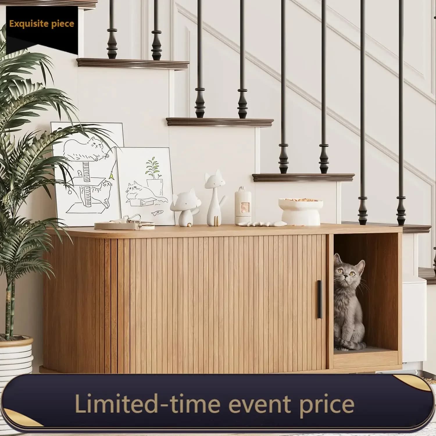 Natural Modern Hidden Cat Litter Box Enclosure Furniture Indoor Cat House Side End Table Tv Stand Cat Scratch Pad Sliding Door