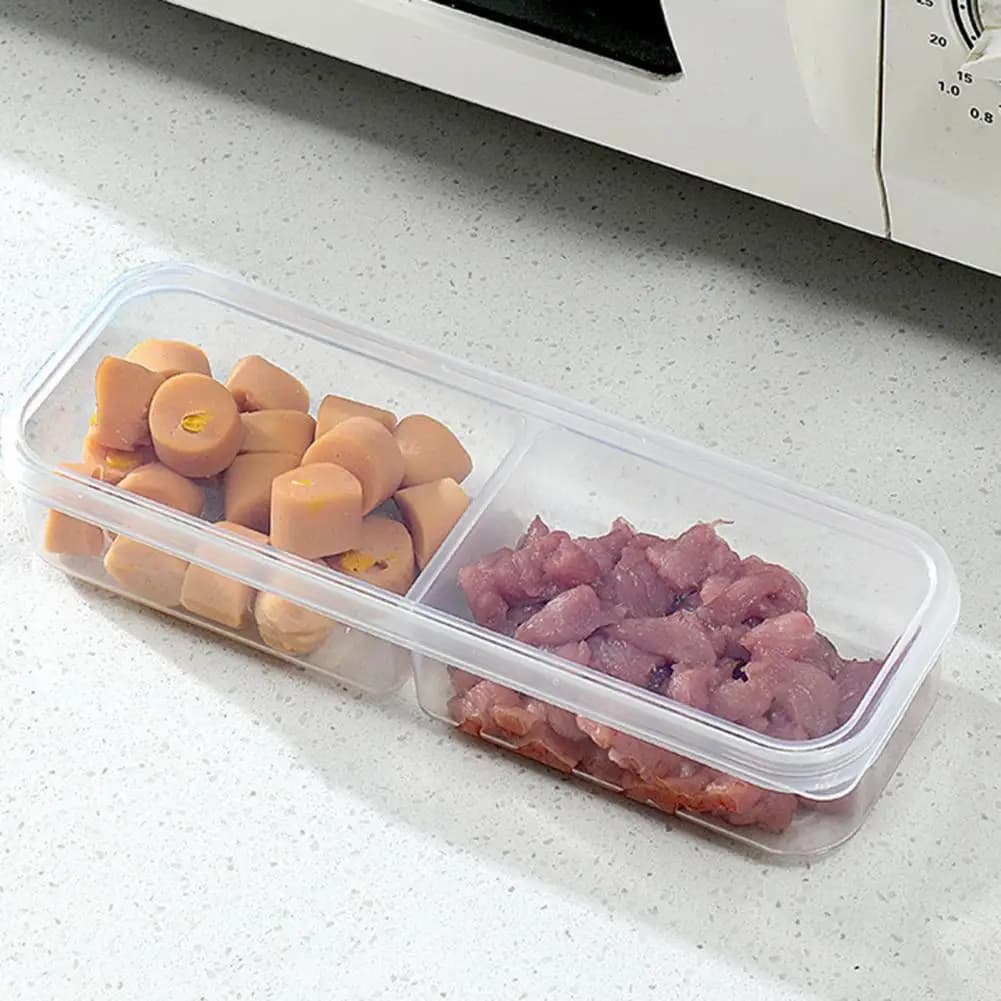 Scatole sottili per la preparazione dei pasti da 2 pezzi con coperchi Contenitori per snack lunghi e trasparenti con 2 o 3 scomparti Organizzatore per frigorifero impilabile stretto