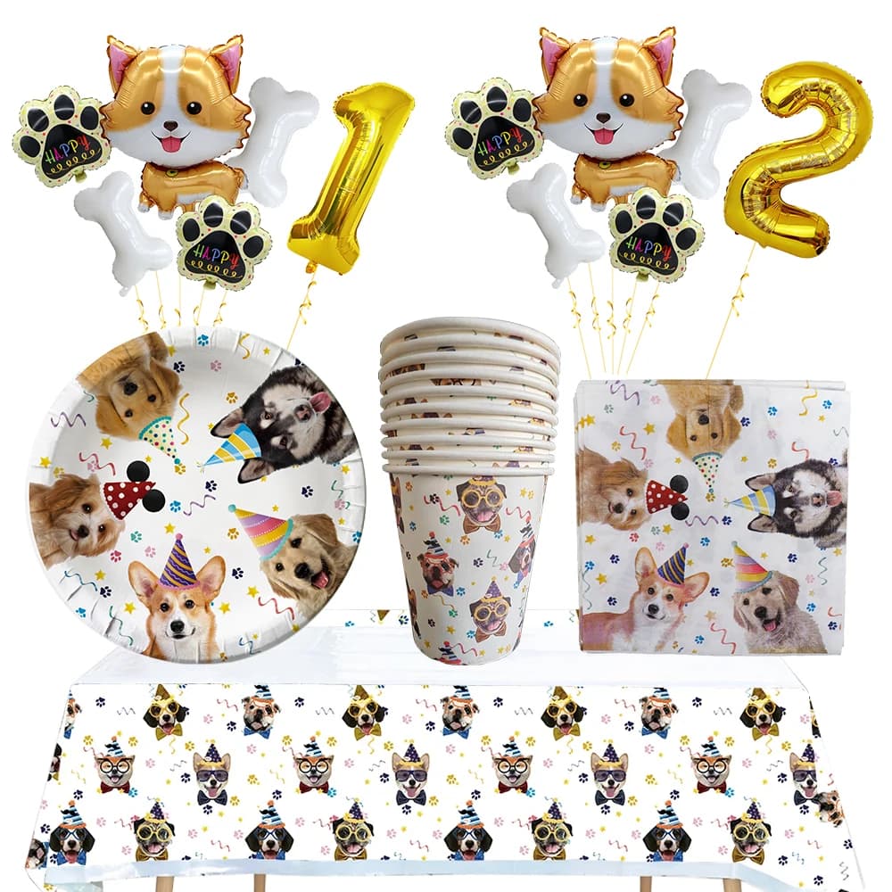 Pet Dog Party Plates Cup Napkin Disposable Tableware Set Puppy Dog Themed Birthday Party Decoration Banner Supplies Bone Balloon