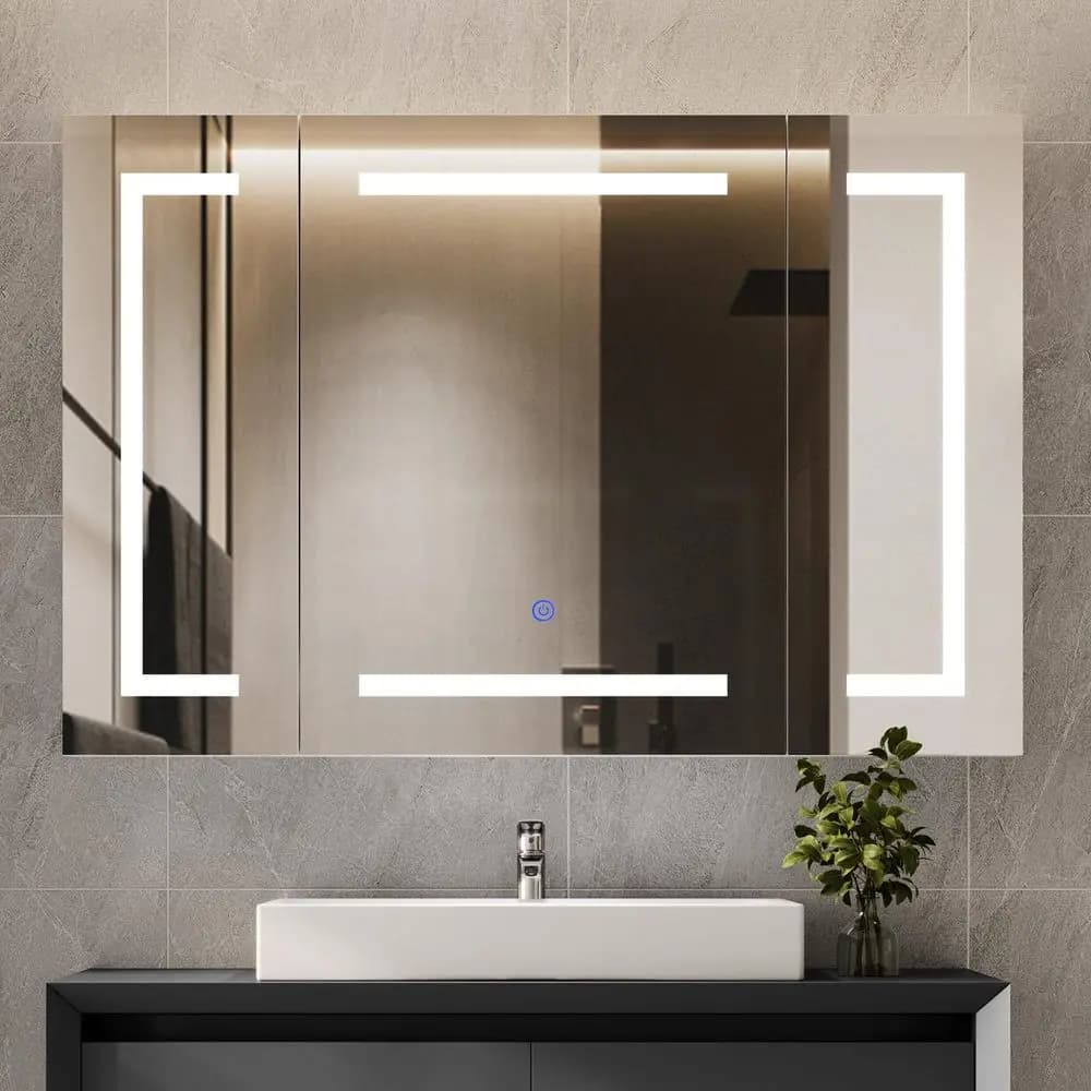 Armadietto Medico Illuminato con Specchio, Specchio da Bagno a Parete con Vano Portaoggetti, Armadietto da Bagno a Parete a 3 Ante con Luci LED