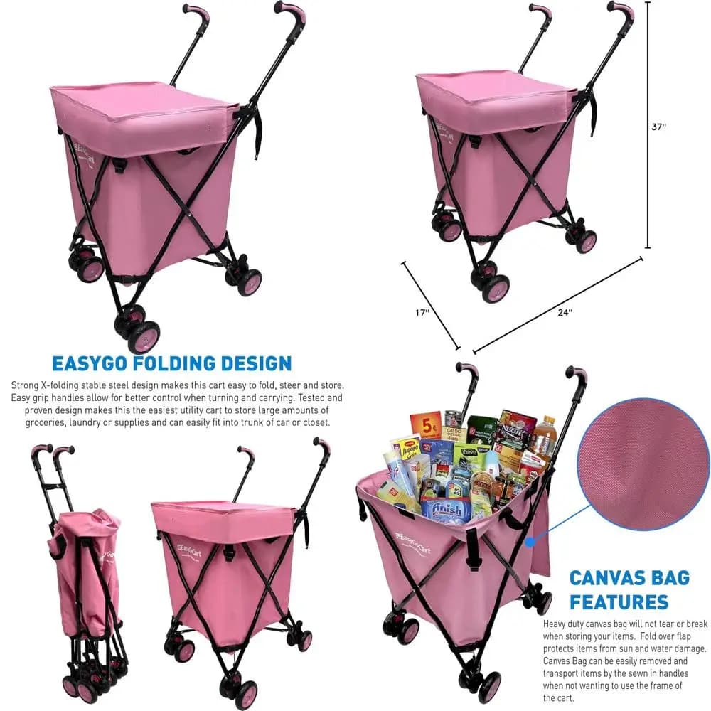 Foldable shopping cart with wheels and removable cover, capacity 54 kg, pink white bag on wheels