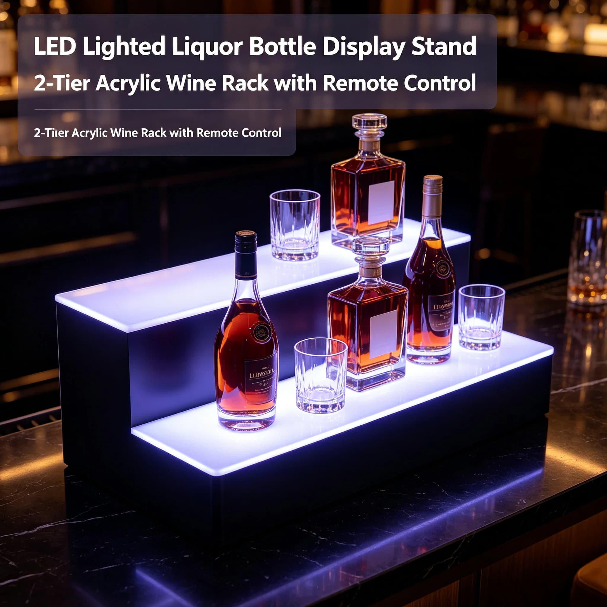 LED Lighted Liquor Bottle Display Stand with Remote Control, 2-Tier Acrylic Wine Bottle Exhibition Rack with Colorful LED Lights for Bar Party Home, Black/White