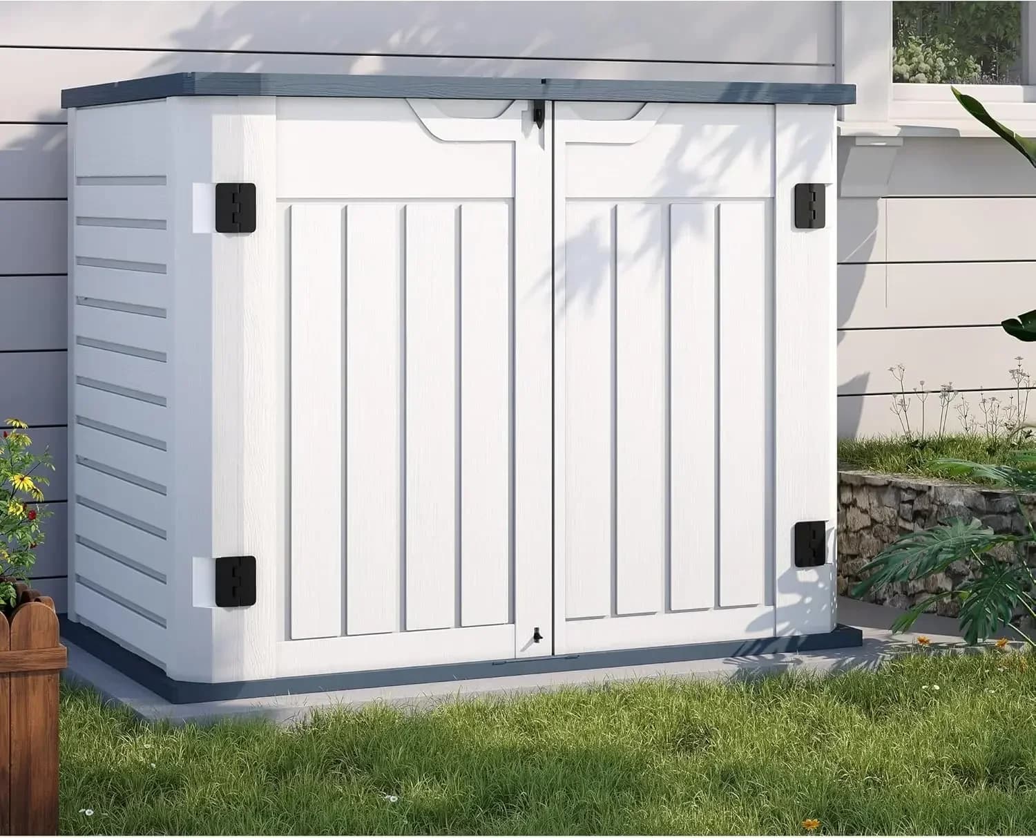 Outdoor Storage Cabinet 35 Cu Ft, Resin Horizontal Outdoor Trash Can Storage Box Lockable Shed 4 x 2 ft for Garbage, Garden