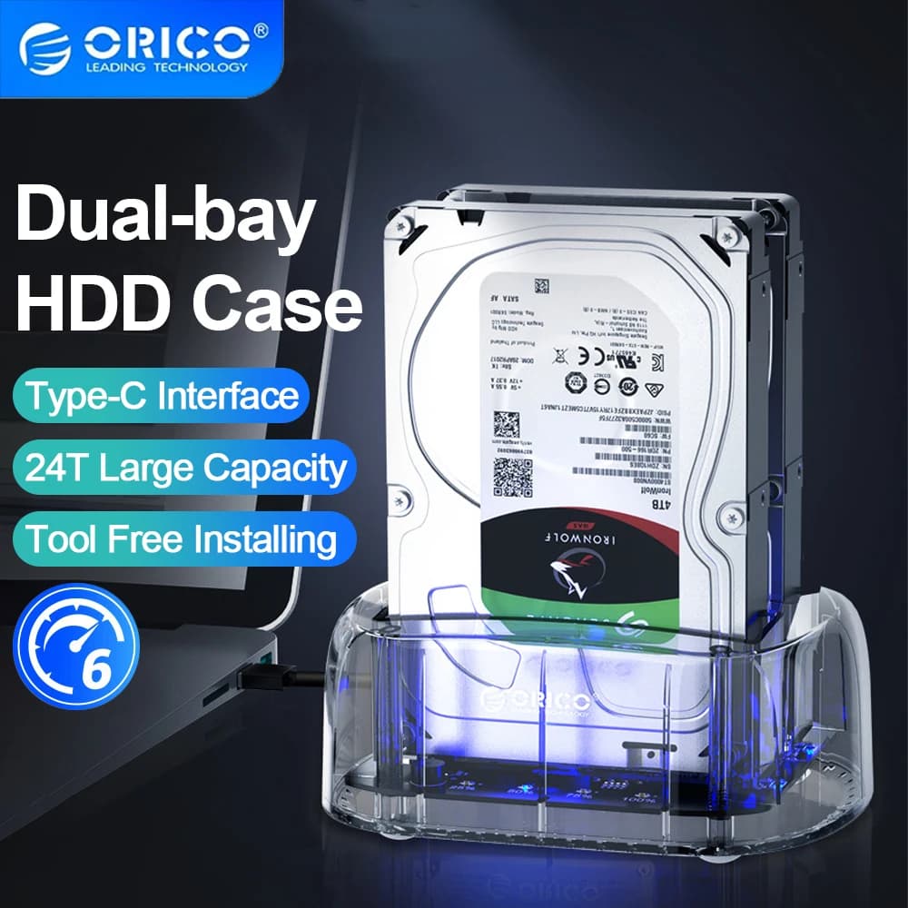 ORICO Case esterno trasparente per HDD a 2 alloggiamenti, da SATA a USB 3.1, Docking Station per HDD/SSD da 2.5" e 3.5" con custodia per unità Type-C