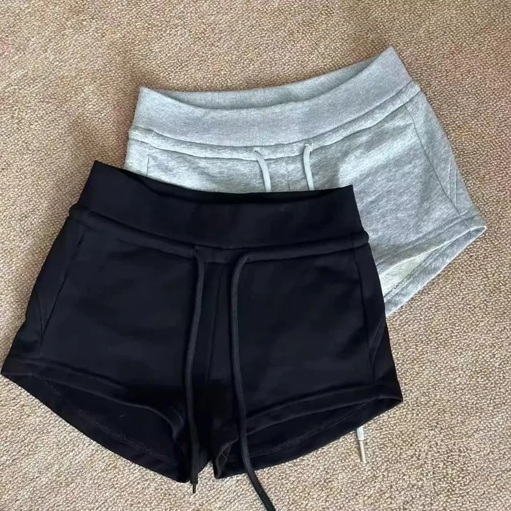 Comfortable Drawstring Women Sports Shorts Low-rise Black/Grey Sweat Shorts Slim Fitting Straight Shorts Pants Sports Activities