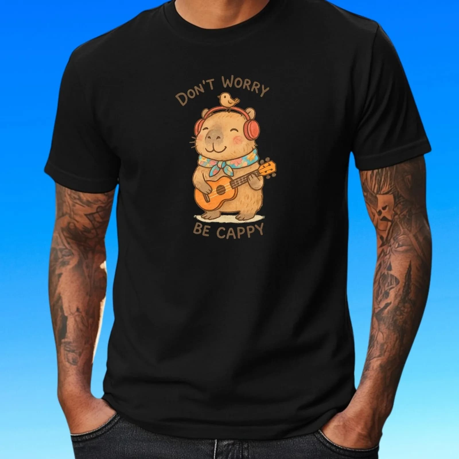 T-shirt da uomo in cotone con stampa Capybara Ukulele, taglia dalla XS alla 5XL