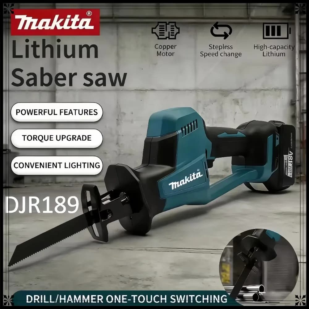 Sega a sciabola elettrica a batteria Makita DJR189 18V Brushless 2026, ricaricabile, per taglio legno e metallo, utensile portatile