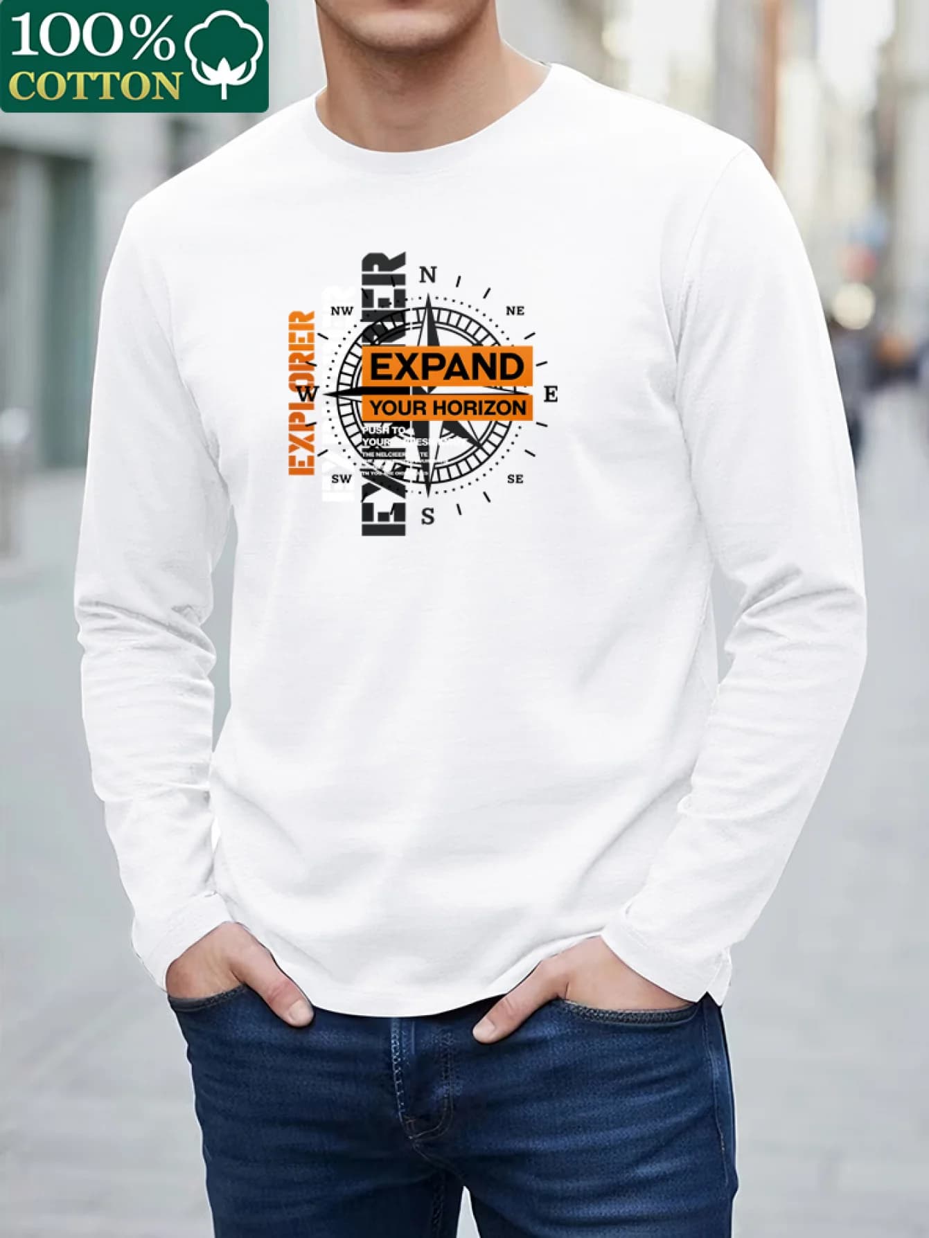T-shirt da uomo in cotone puro al 100% a maniche lunghe con scollo rotondo e motivo stampato con bussola, modello Explorer, casual e versatile