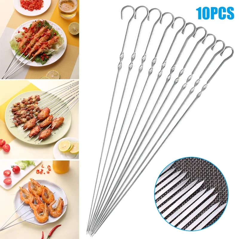 10Pcs Stainless Steel Barbecue Skewer Reusable BBQ Skewers Vegetable Iron Stick For Outdoor Camping Picnic Tools Cooking Tools