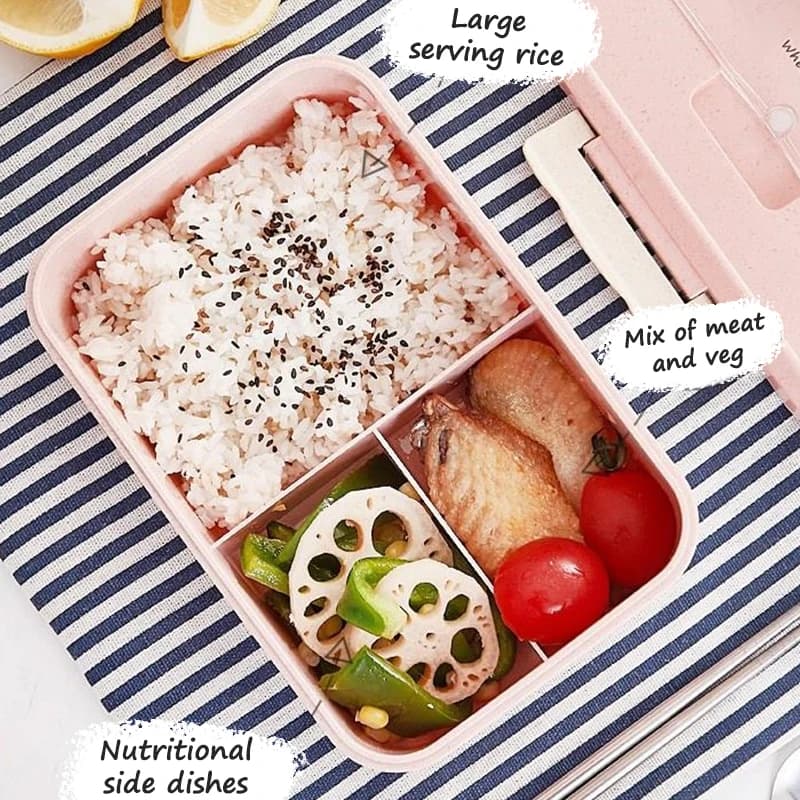 Lunch box in paglia di grano a 3 scomparti, isolato, per uso in ufficio, in offerta speciale, include bacchette e cucchiaio.