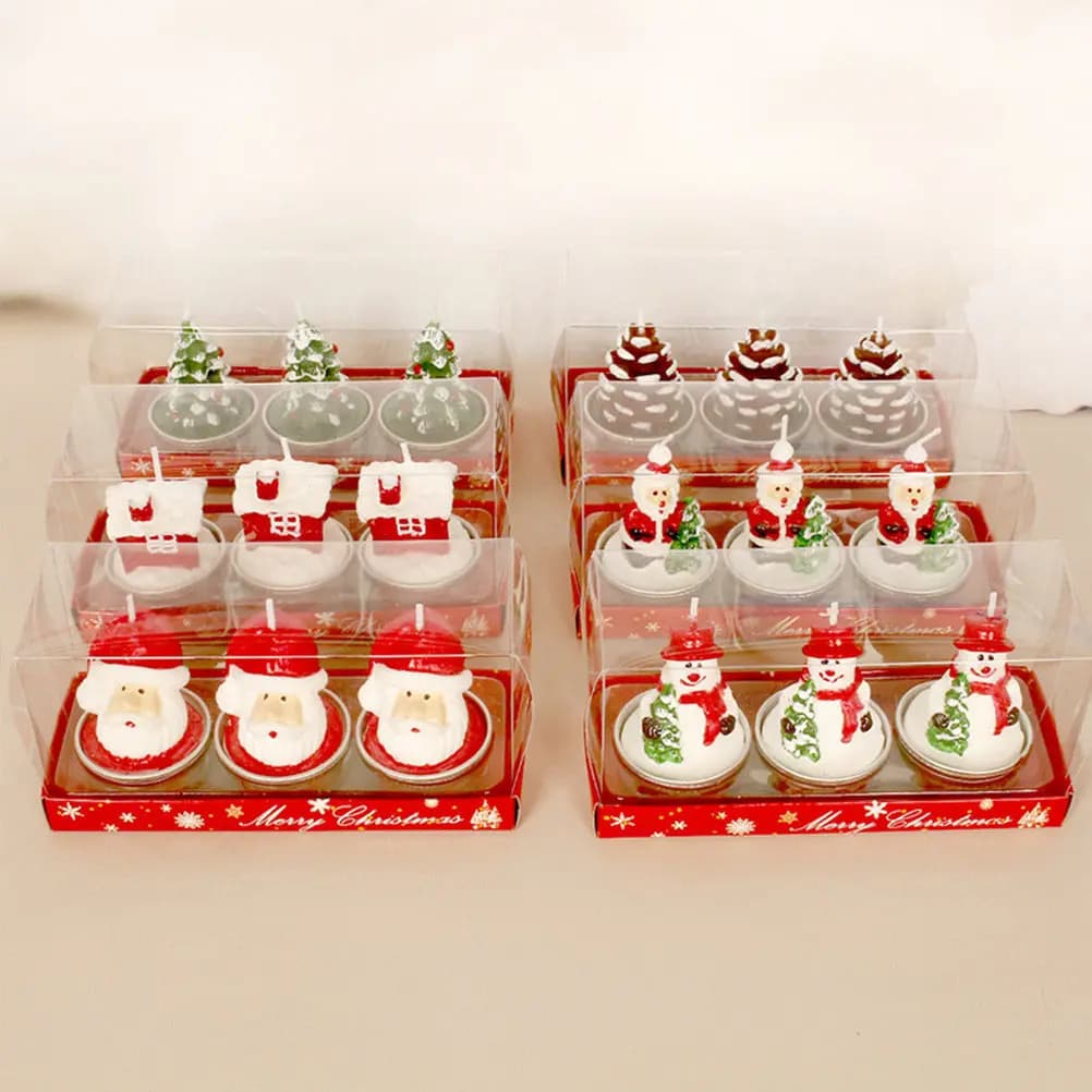 Set di 3 Candele a Tema Natalizio con Pigne e Pupazzi di Neve per Decorazioni da Tavola per Cene Festive