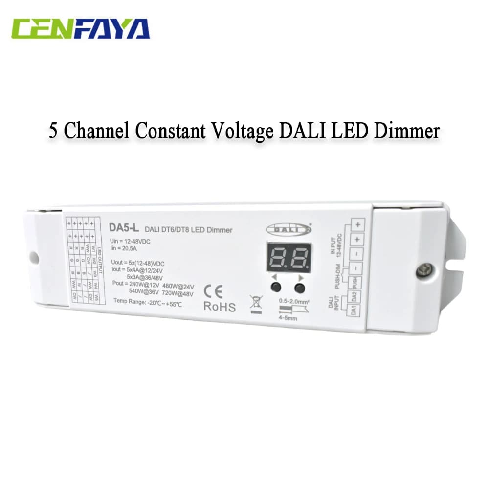 5 Channel Constant Voltage DALI LED Dimmer DT6 DT8 5 CH Independent Dimming With Push Switch Dimming Features 12V 24V LED Strip