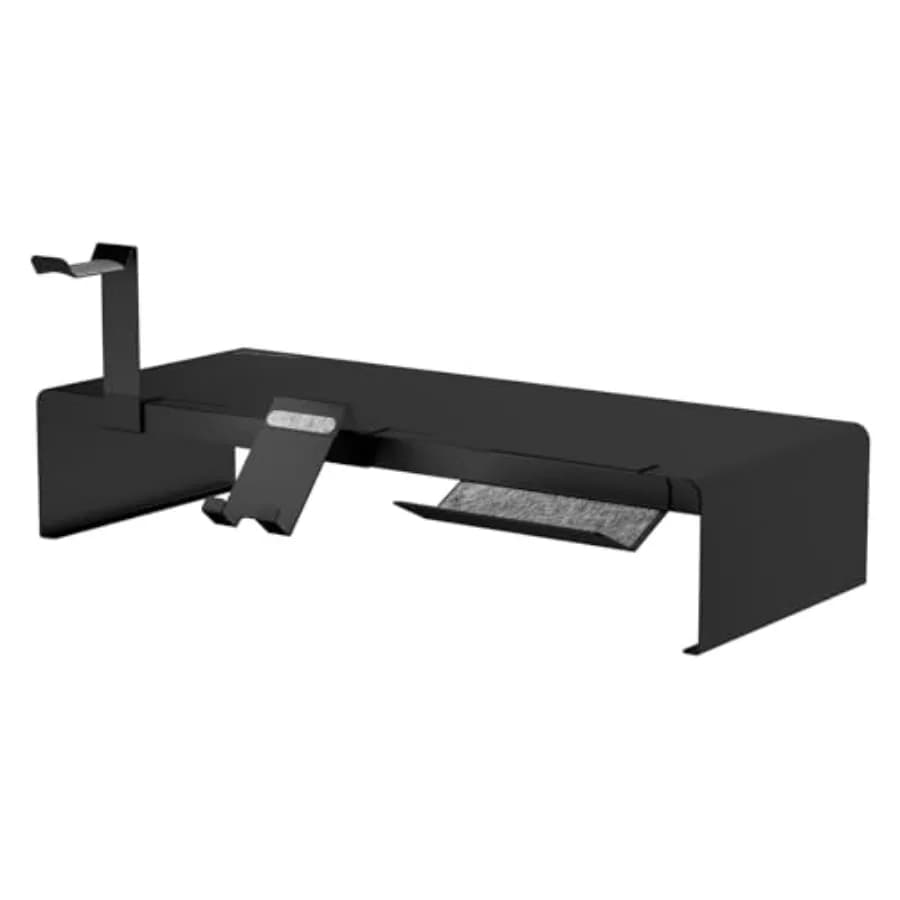 Supporto per Monitor Tecnologico con Porta Telefono e Cuffie Rimovibili e Vassoio Portaoggetti, Supporta fino a 20 kg, Argento
