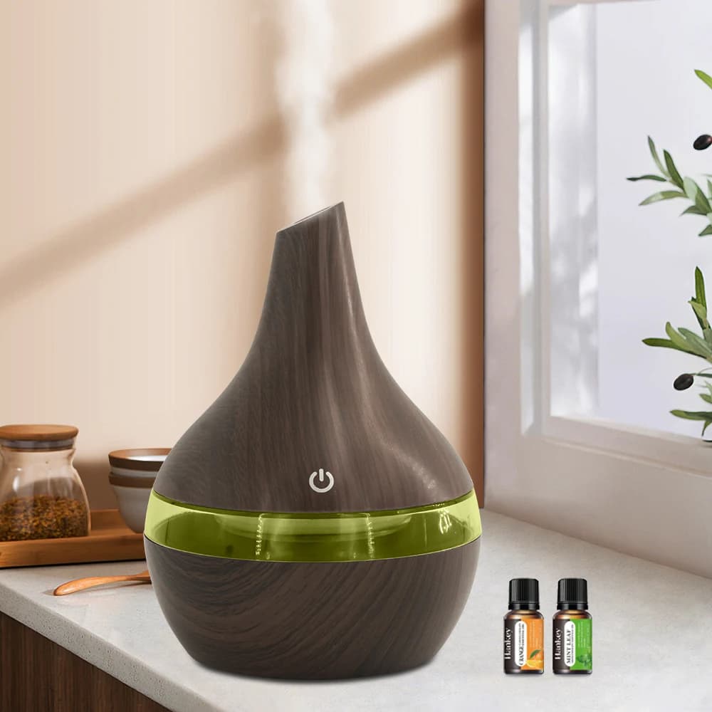 Diffusore di aromi con venature del legno e umidificatore a nebbia fredda, perfetto per camera da letto, ufficio, yoga spa (include 2 oli essenziali)