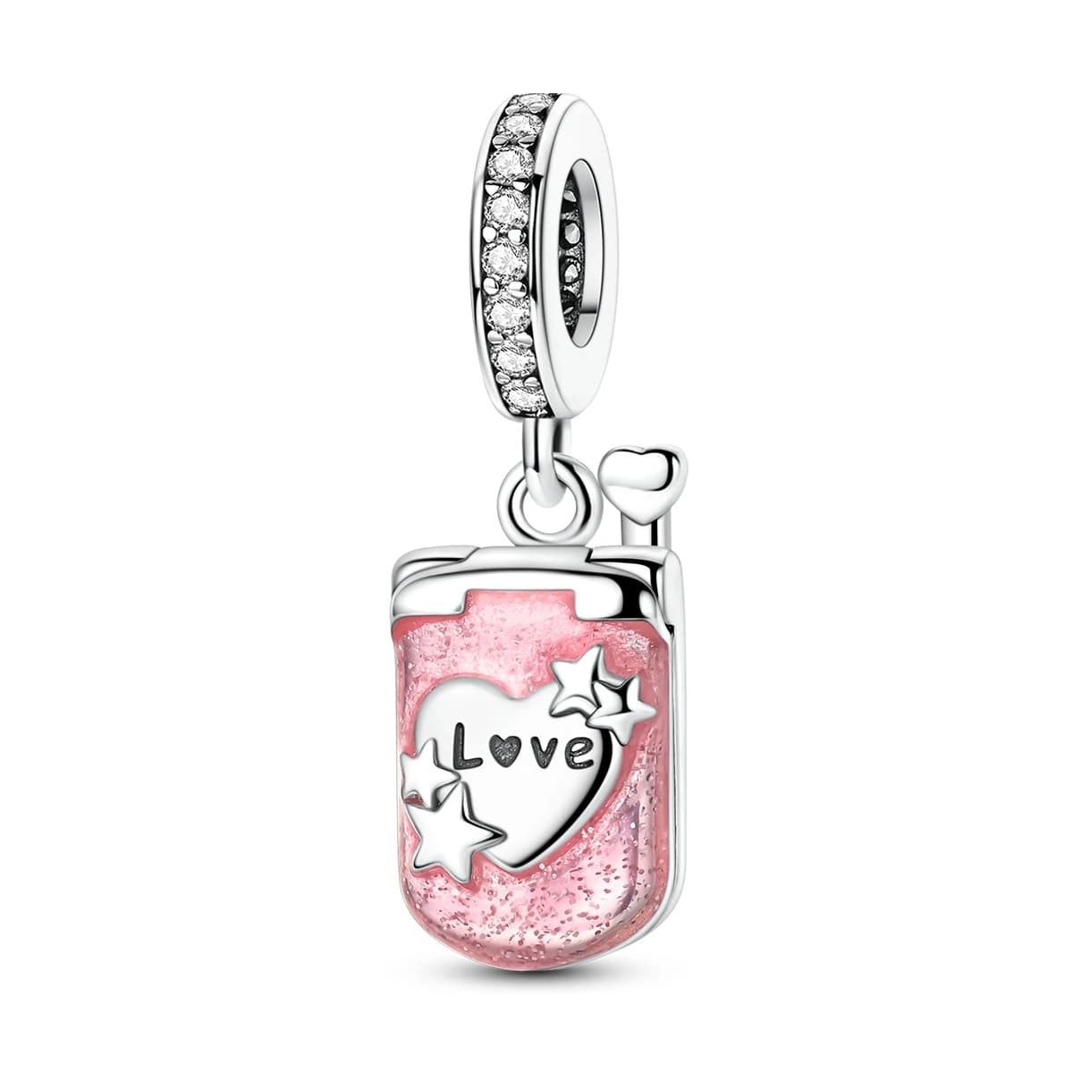Sterling 925 Sterling Silver Foldable Phone Shape Charm, Pendant Beads with Heart in Pink Glittered Nail Polish and Zirconia, for Bracelets and Necklaces, Fai-da-Te Jewelry for Women