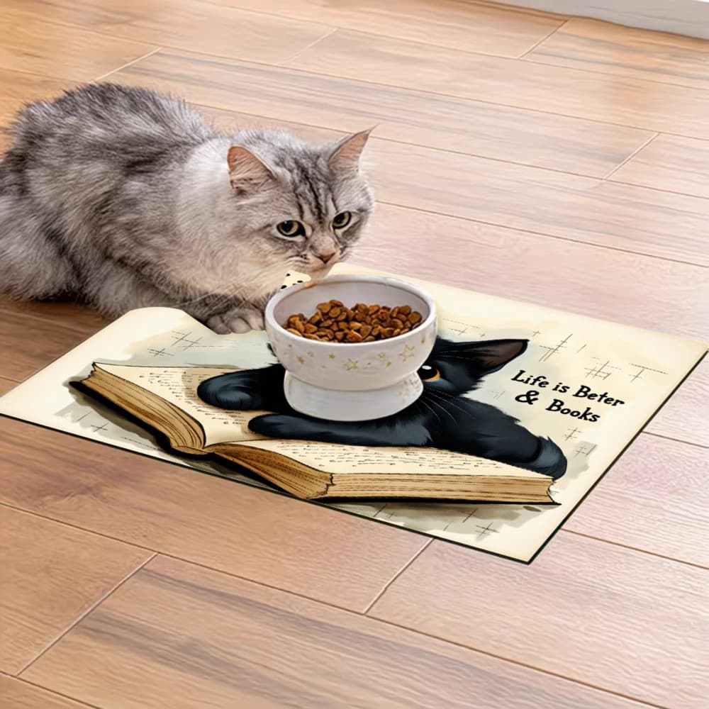 Tappetino per l'alimentazione degli animali domestici antiscivolo con motivo gatto nero che legge un libro, articoli per animali domestici, tappetini antispruzzo e antiscivolo per cani e gatti