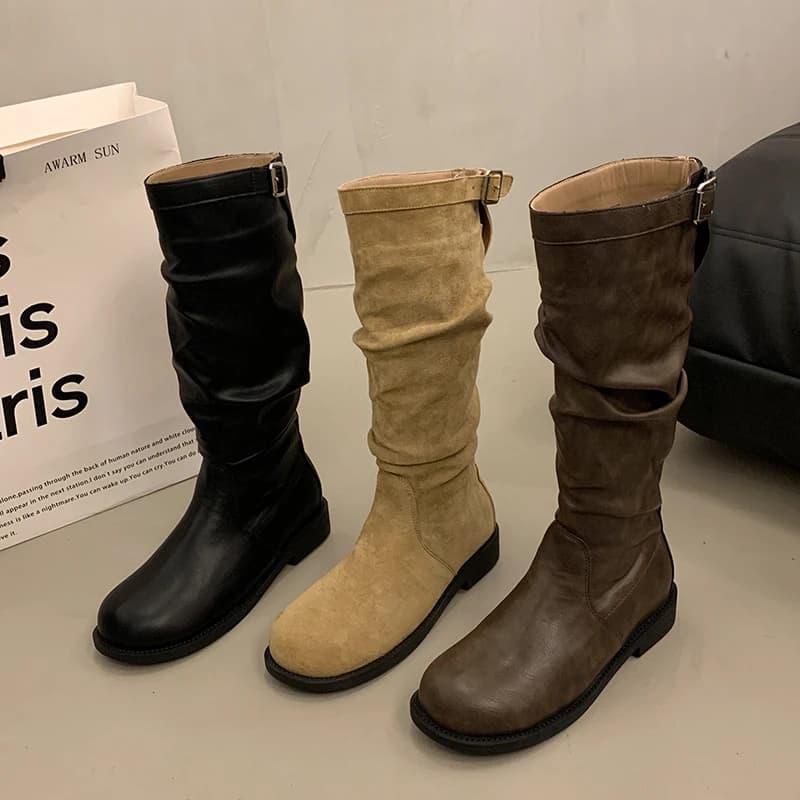 Women Western Cowboy Boots Autumn Winter Fashion Slip On Folded Pile Long Booties Female Thick Heel Platform Shoes
