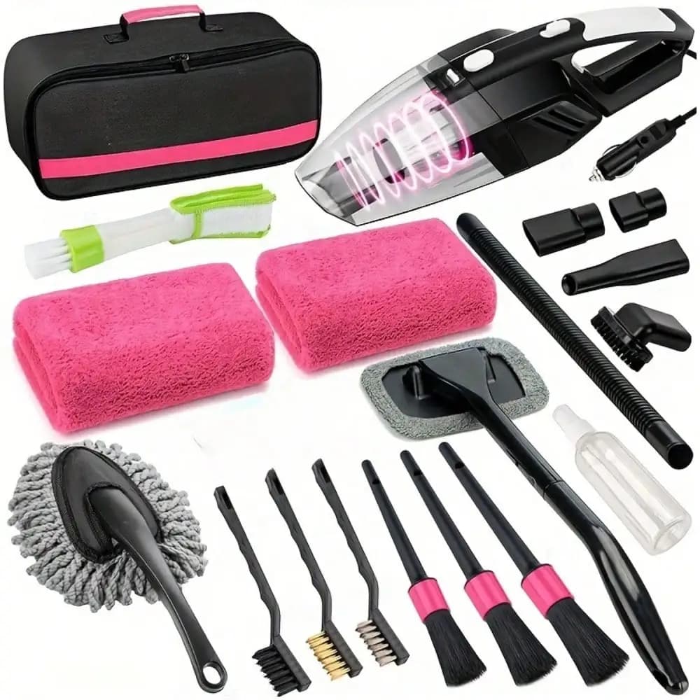 Kit di Pulizia Auto 19 Pezzi/Set, Kit per Dettagli Interni con Aspirapolvere Portatile ad Alta Potenza, Set di Spazzole, Strumento per Parabrezza, Spolverino