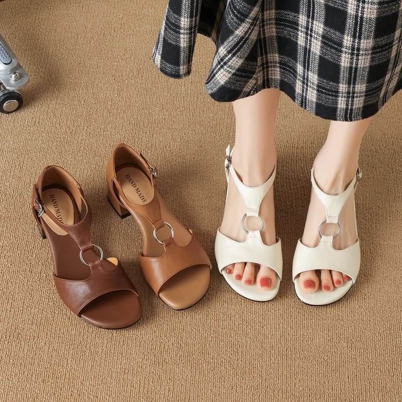 Women's new summer leather cowhide round toe elastic metal buckle high heels retro open toed fish mouth shoes fashion sandals