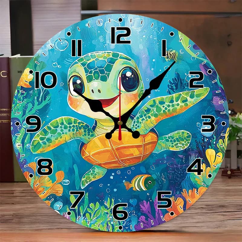 Orologio da parete 1 pezzo con tema tartaruga nell'acqua - Orologio piatto silenzioso rotondo stile Europa e America impiallacciato in legno da 10 pollici - Batterie