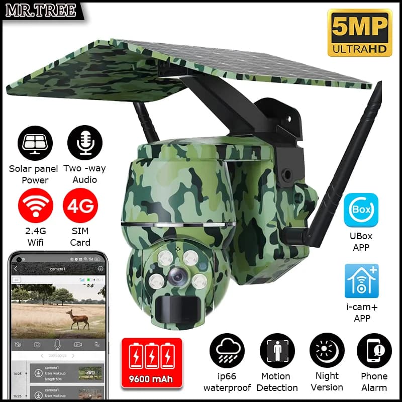 5MP Wifi Sicurezza Sicurezza Batteria solare Telecamera 4G SIM Sorveglianza PTZ esterna Rilevazione di animali selvatici/umani Visione notturna Telecamere CCTV