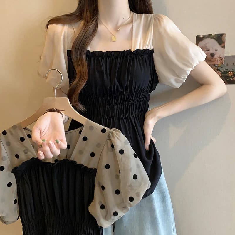 Camicia Plus Size con Maniche a Bolla da Donna, Design Sensazionale Estivo, Top a Maniche Corte Modellante che Nasconde le Forme, Traspirante con Colletto Quadrato