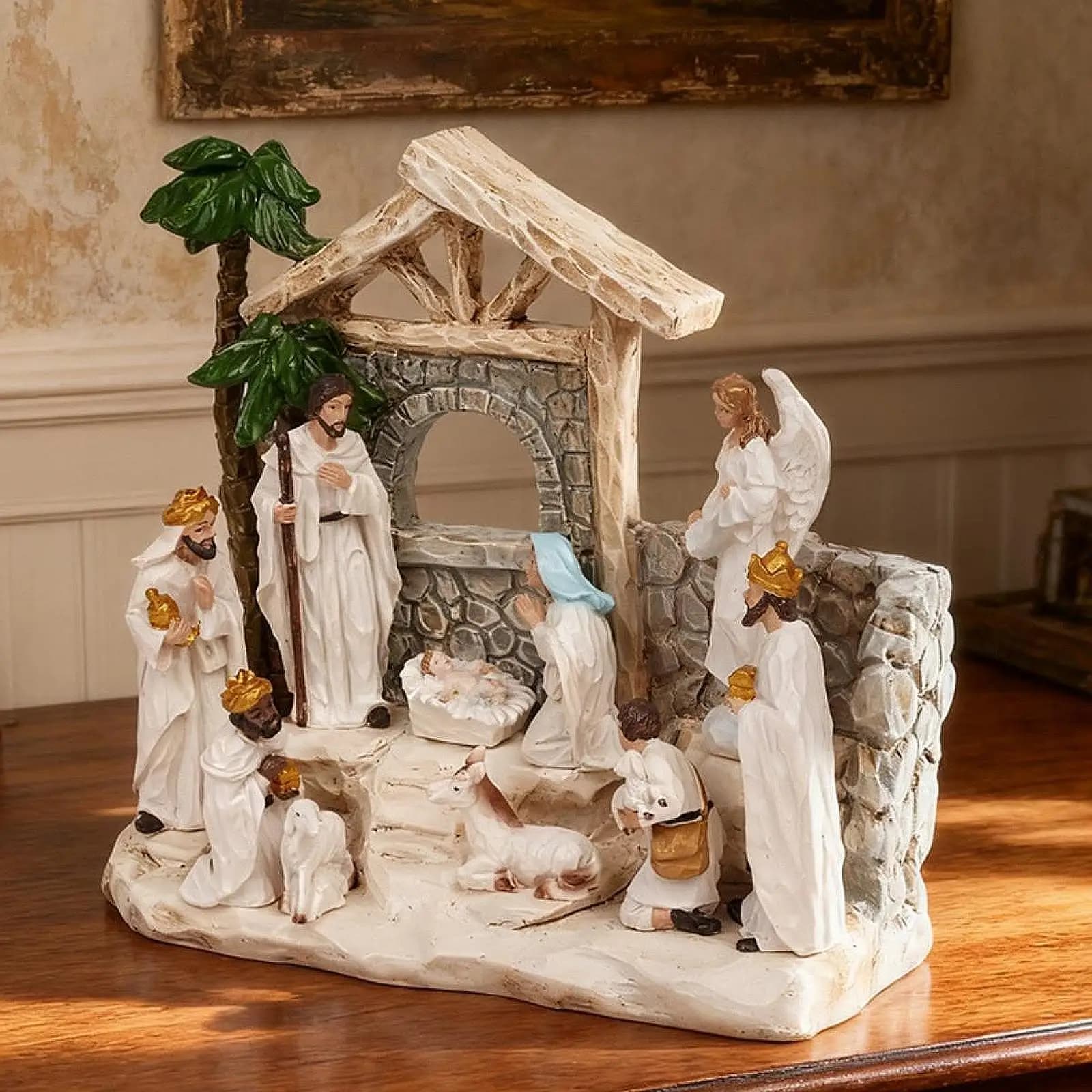 Collezione di statuette in resina per presepe religioso Figura decorativa Ornamento per la stanza della casa Artigianato natalizio per esposizione natalizia